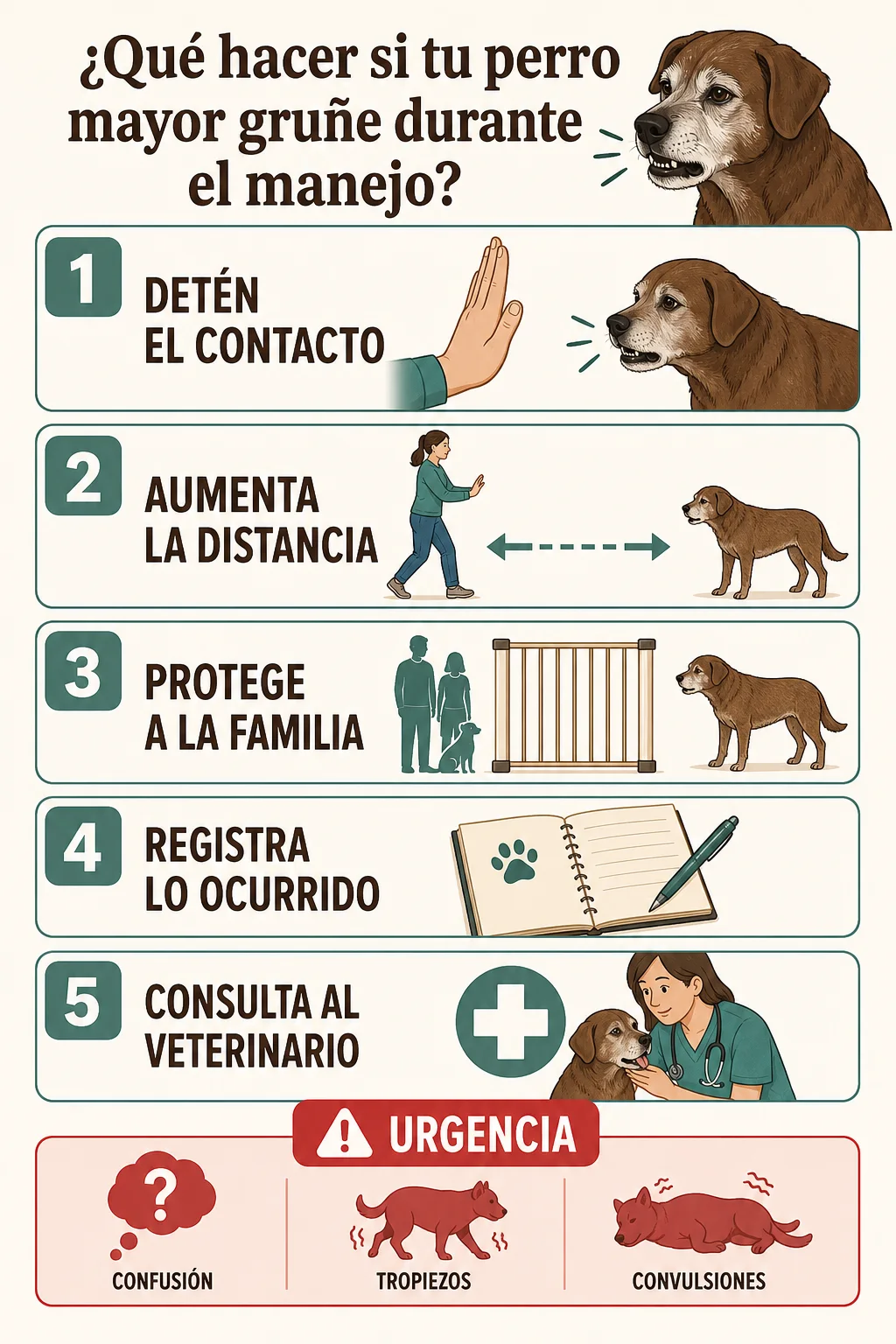 Infografía con cinco pasos para actuar cuando un perro mayor gruñe durante una manipulación