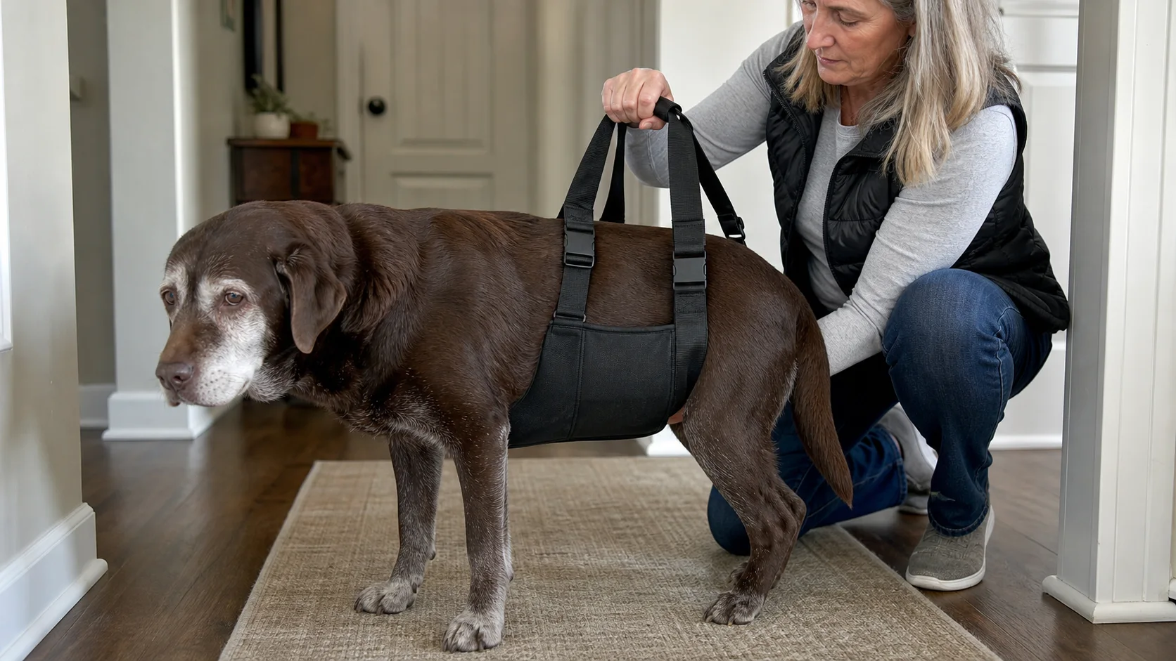 Mujer ayudando a levantarse a un labrador retriever senior con un arnés de soporte bajo el abdomen