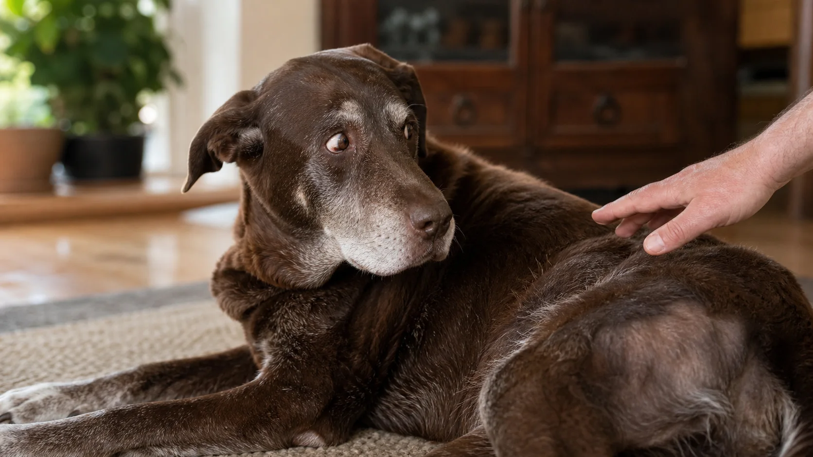 Labrador retriever senior de pelaje chocolate deslucido girando la cabeza y mostrando tensión en el hocico mientras una mano se aproxima a su cadera