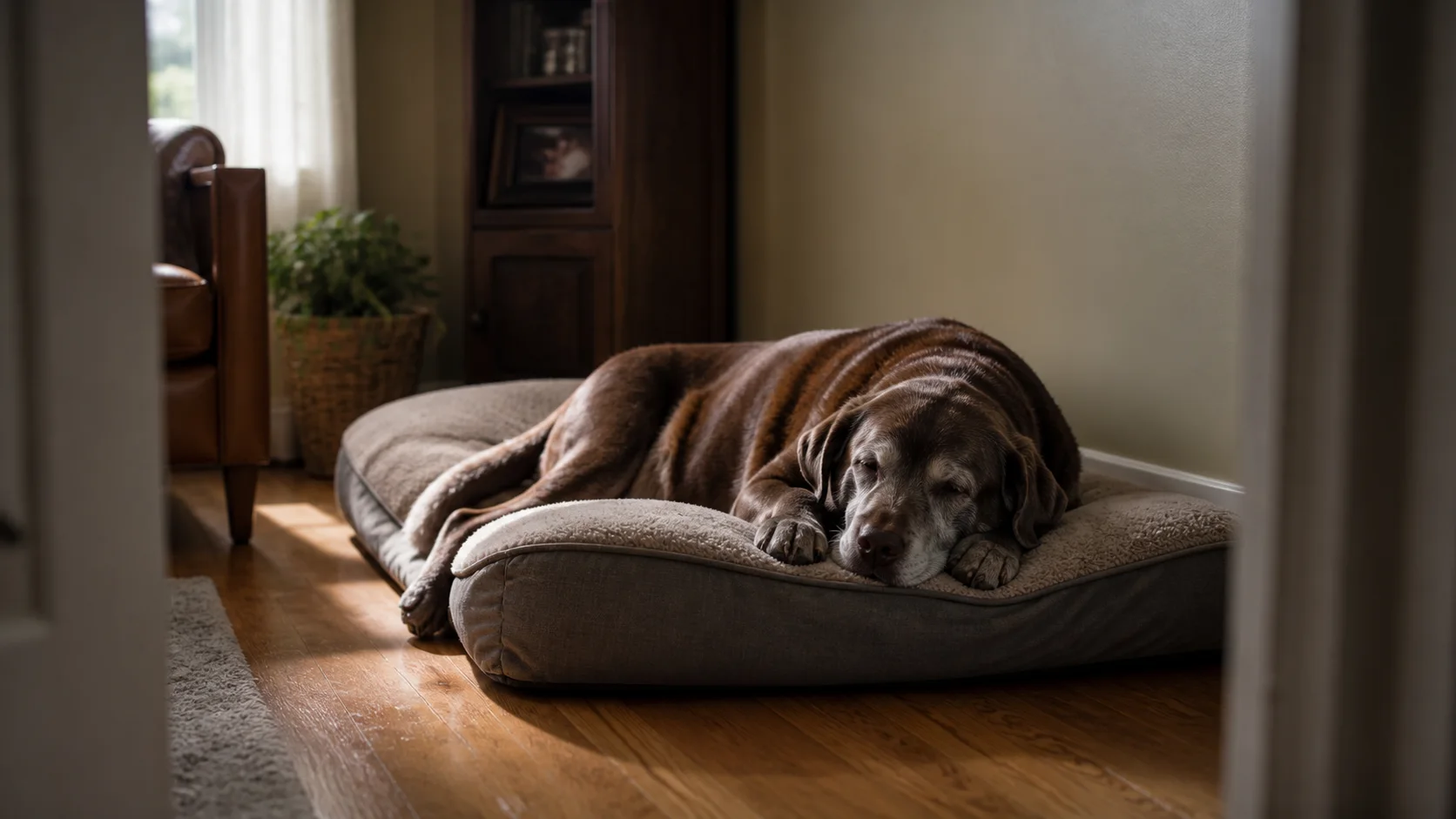 Labrador retriever senior descansando relajado en una zona protegida del hogar