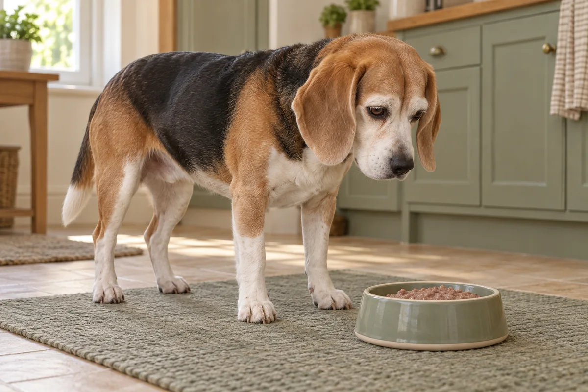 Ilustración generada con IA: beagle senior tricolor, de hocico canoso, ante un plato de comida blanda en una cocina.
