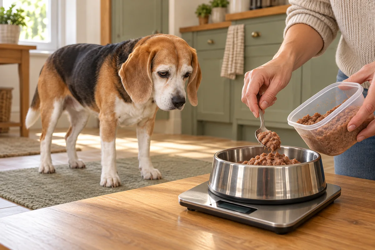 Ilustración generada con IA: una persona mide el alimento base en una báscula, con el beagle senior al fondo.