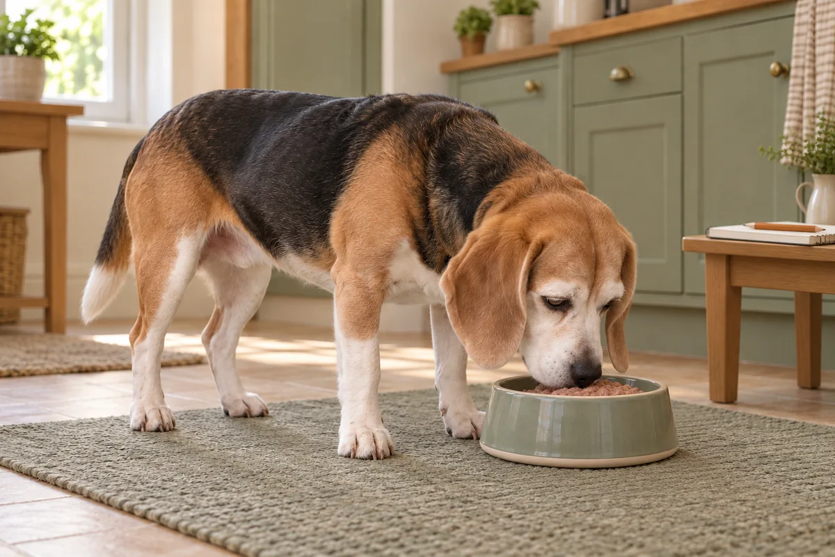 Ilustración generada con IA: beagle senior tricolor comiendo por sí mismo de un plato en el suelo.