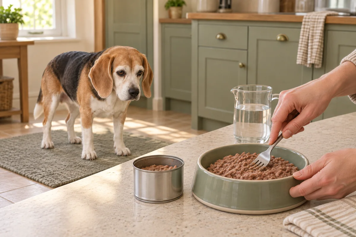 Ilustración generada con IA: preparación de comida en una cocina mientras espera el beagle senior.