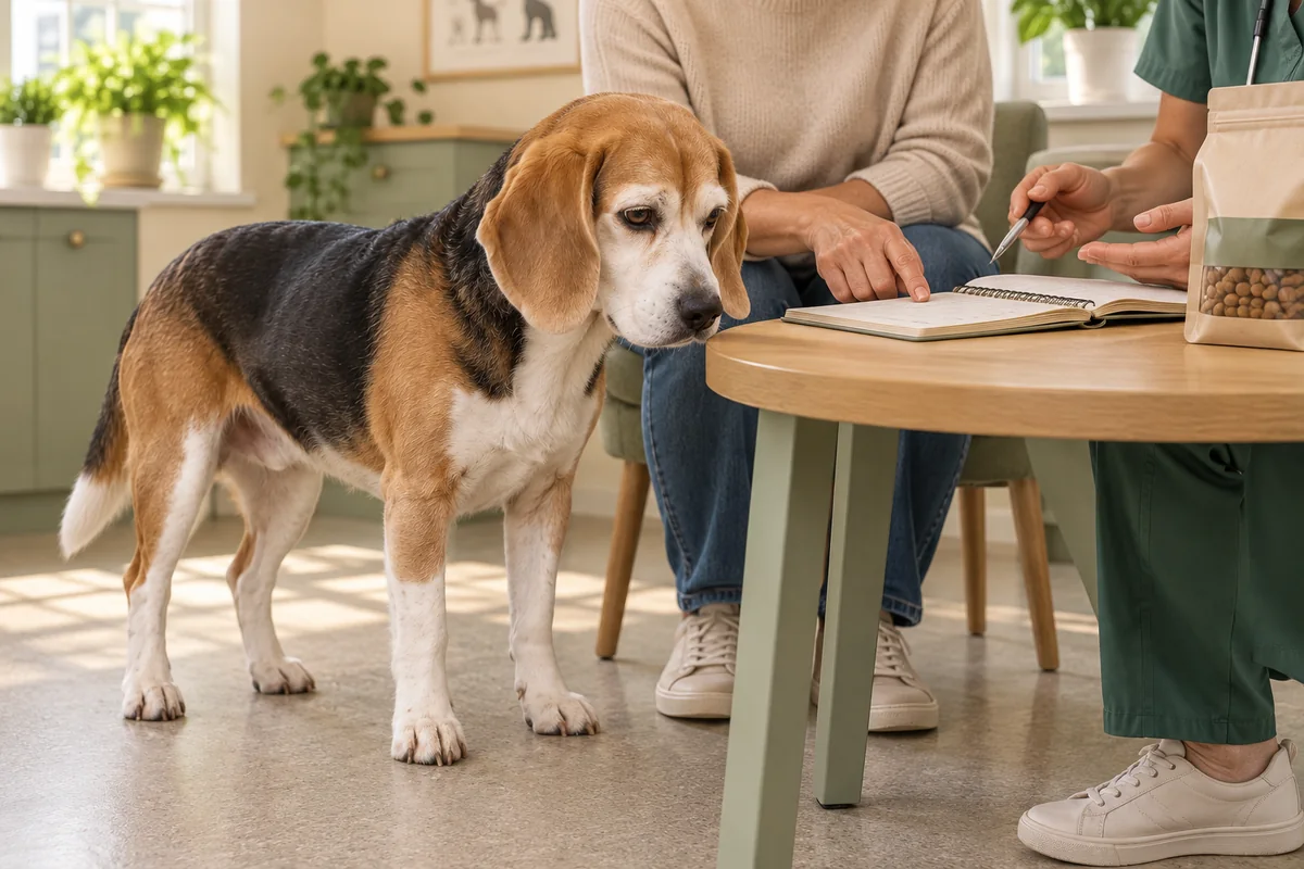 Ilustración generada con IA: el beagle senior junto a su cuidador, que comparte un registro en consulta.