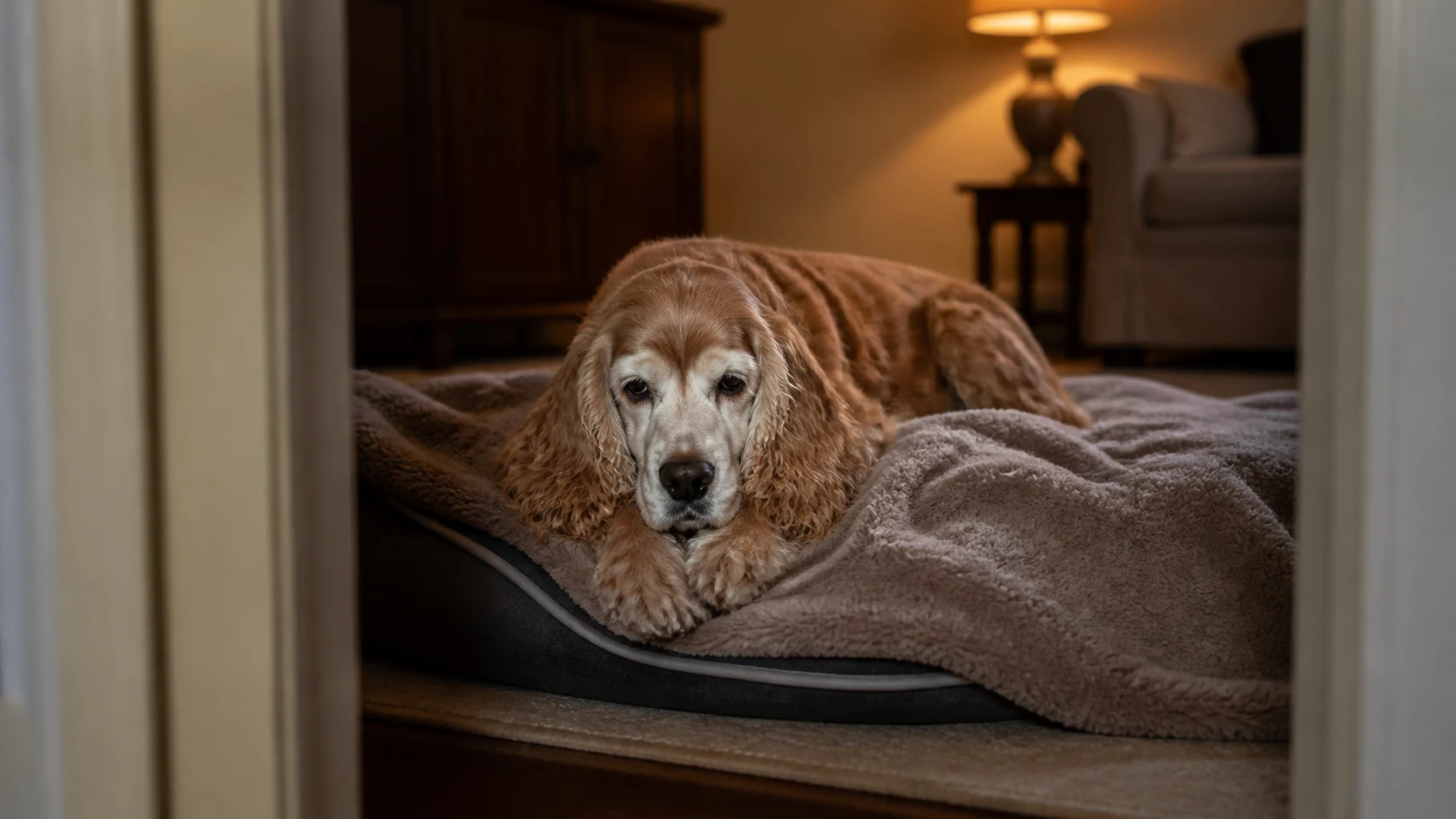 Cocker spaniel senior descansando sobre una manta en una cama ortopédica