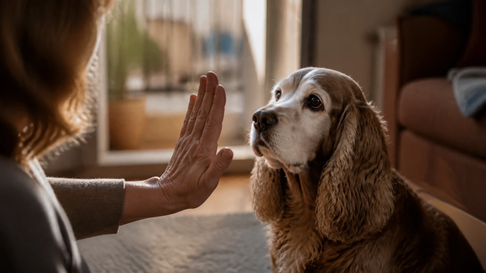 Mujer usando una señal manual con una cocker spaniel senior con hipoacusia