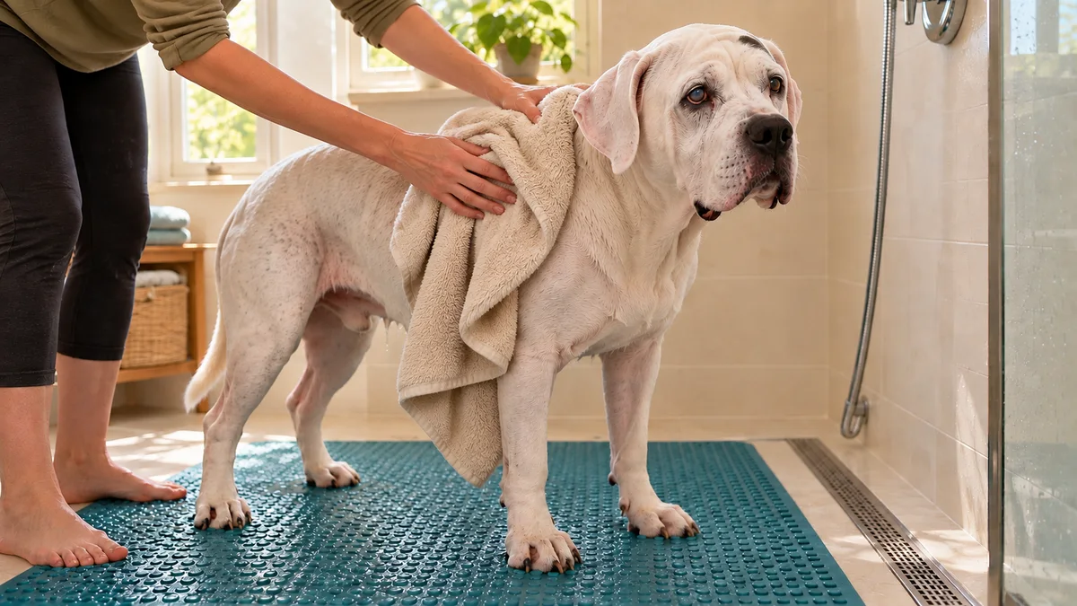 Ilustración del mismo dogo argentino anciano de orejas naturales, sobre una esterilla mientras secan su cuello con una toalla