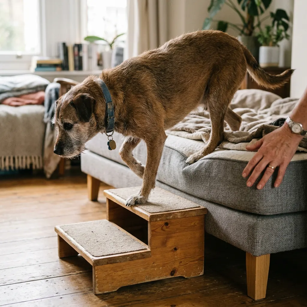 Perro senior bajando con control de una cama ortopédica usando gradita lateral
