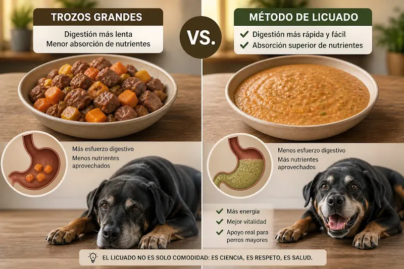 Comparación visual entre una dieta de trozos grandes vs. el método de licuado para absorción superior