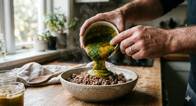 Licuado de carne y vegetales para crear una textura de paté para perros mayores