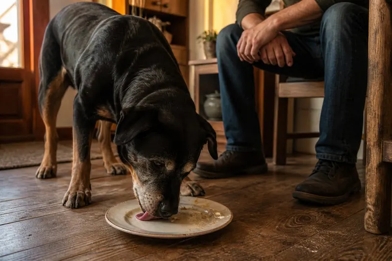 Tutor alimentando a un perro anciano con cuchara para incentivar el apetito
