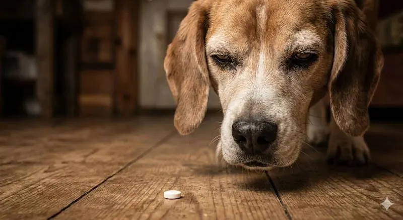 Beagle senior rechazando una pastilla