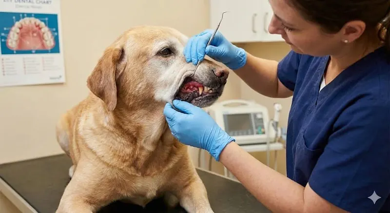 Veterinario examinando la boca de un perro senior para detectar gingivitis y enfermedad periodontal