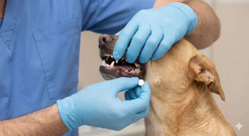 Ilustración de la técnica correcta para abrir la boca de un perro y administrar una pastilla de forma segura