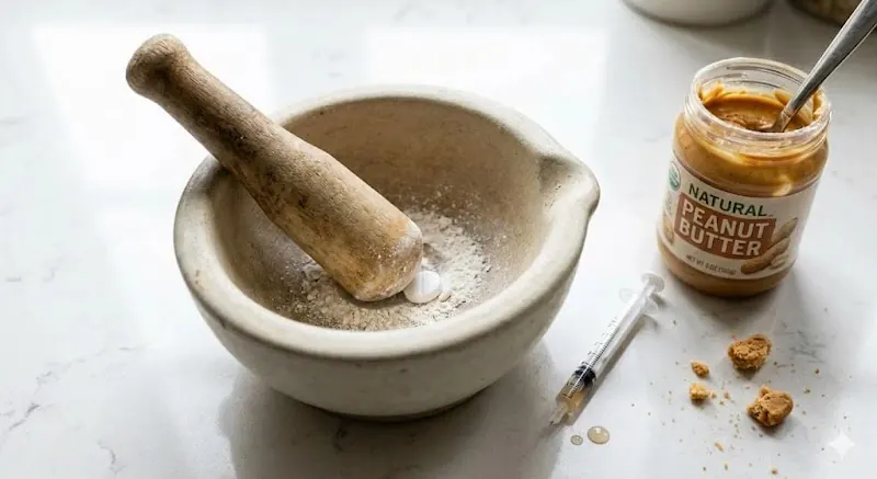 Mortero y pastillas para perro mostrando cómo triturar medicamentos de forma segura