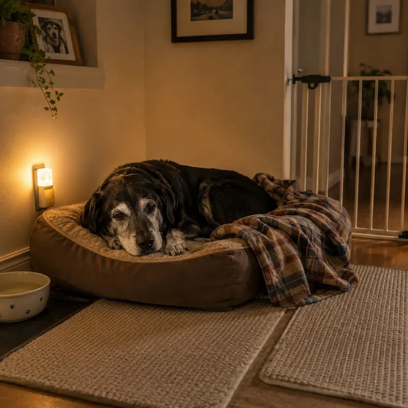 Espacio seguro adaptado para un perro senior con cama ortopédica, manta familiar y luz cálida para reducir ansiedad nocturna.
