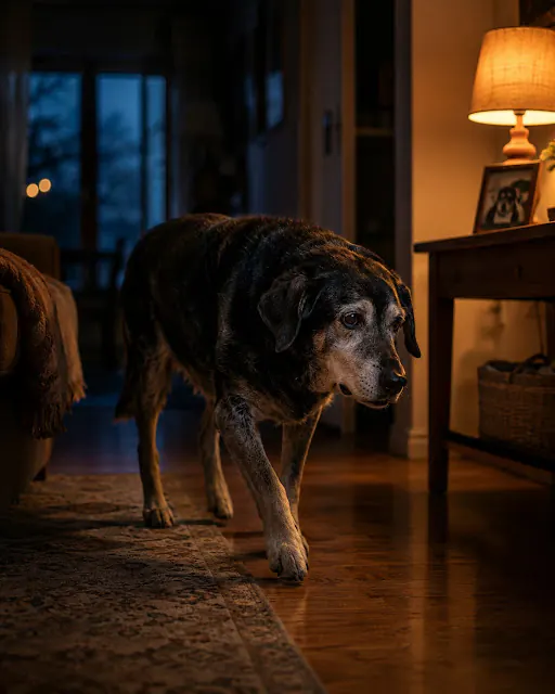 Perro senior caminando inquieto durante la noche dentro de casa, mostrando ansiedad y desorientación asociadas a la demencia senil canina.