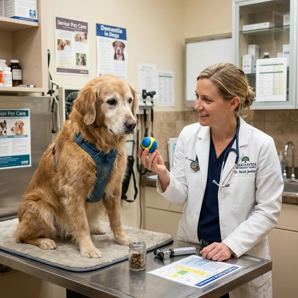 Perro senior durante una consulta veterinaria para evaluar síntomas de disfunción cognitiva y descartar otras enfermedades.