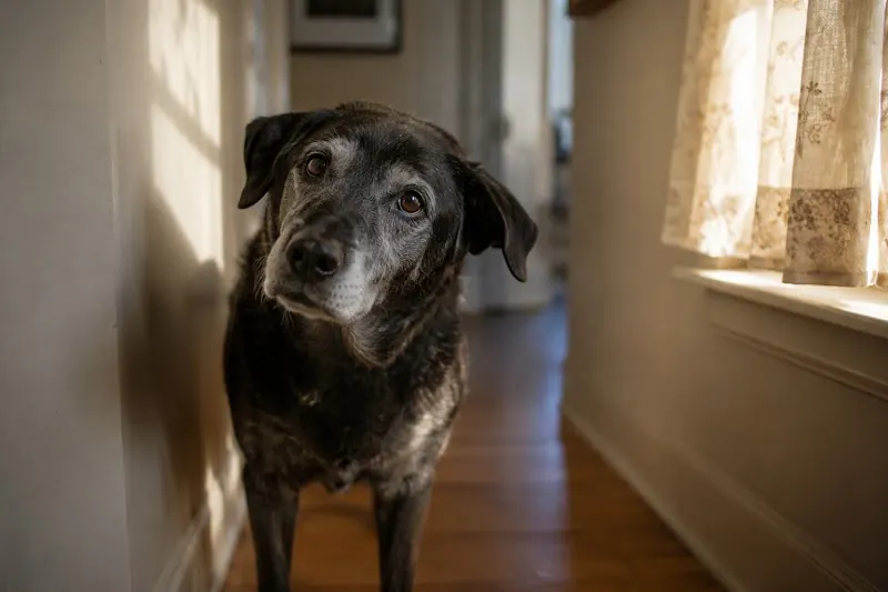 Perro senior con signos de demencia senil mirando desorientado