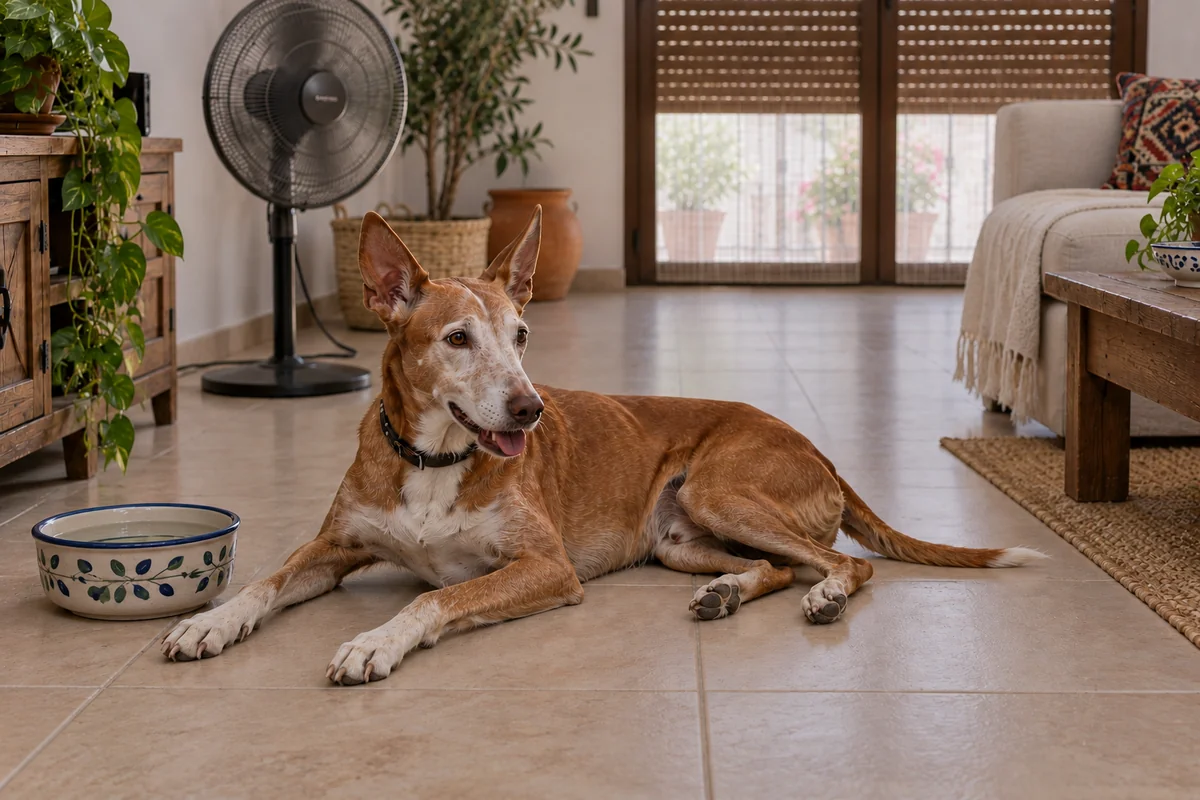 Ilustración de un podenco senior descansando sobre baldosa en sombra, con agua y ventilador, junto a una persiana medio bajada y un visillo.