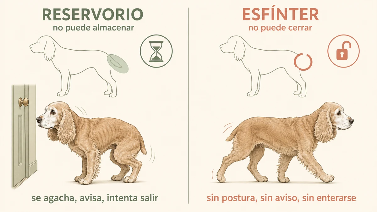 Comparación entre incontinencia de reservorio y de esfínter en un cocker spaniel senior: en una hay postura y urgencia, en la otra no hay aviso