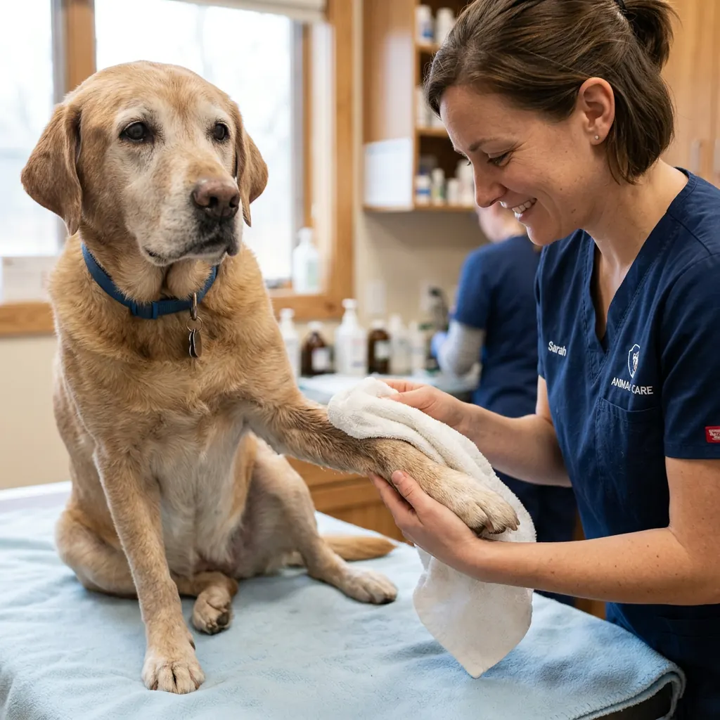 Persona limpiando con suavidad las patas y zona genital de un perro senior con una toalla húmeda limpia.