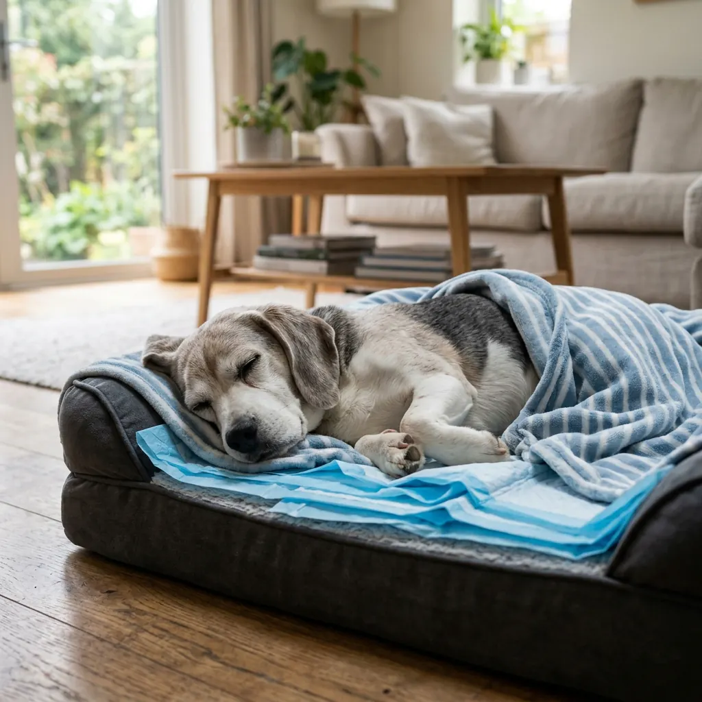 Perro Beagle senior durmiendo plácidamente sobre una cama ortopédica con protectores absorbentes