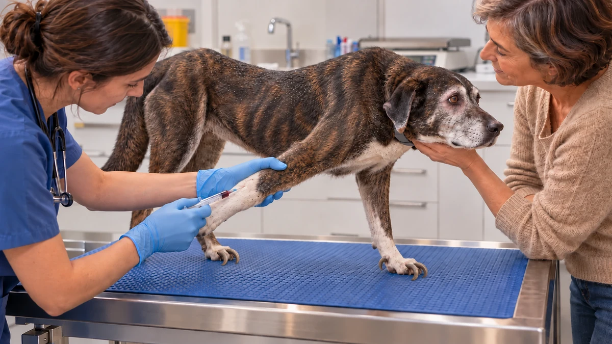 Ilustración de una veterinaria extrayendo sangre a una perra mestiza mayor, delgada y con señales de enfermedad (pelo ralo alrededor de los ojos, uñas largas). Son señales posibles; muchos perros infectados se ven normales.