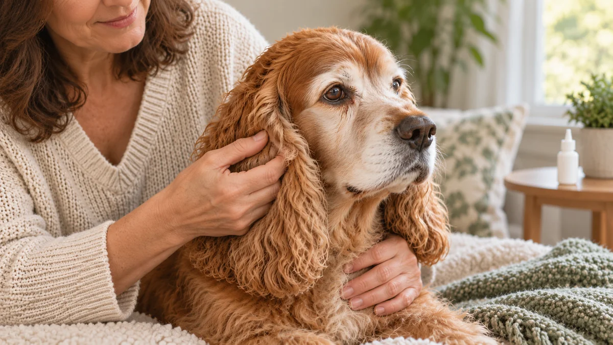 Manos masajeando suavemente la base de la oreja de un cocker spaniel senior canela, con hocico y cejas blancos