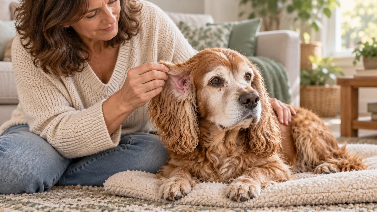 Una mujer observa con suavidad el pabellón de la oreja de un cocker spaniel senior canela, de hocico y cejas blancos, en un salón
