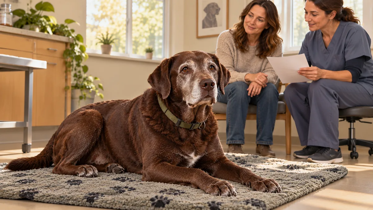 Ilustración del mismo labrador senior descansando en una consulta mientras dos personas revisan una hoja