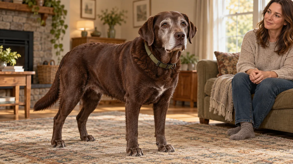 Ilustración de un labrador chocolate senior de hocico canoso junto a su cuidadora en casa