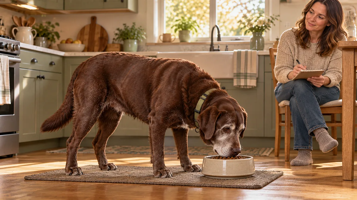 Ilustración de un labrador chocolate senior comiendo de un cuenco bajo mientras su cuidadora anota en una libreta