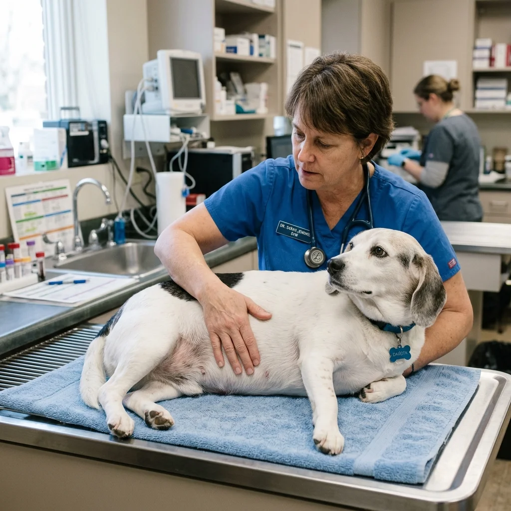 Veterinario palpando el abdomen de Dakota, una Beagle senior con sobrepeso, durante un chequeo clínico