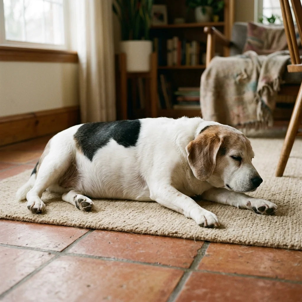 Dakota, una Beagle mayor con sobrepeso descansando tranquilamente sobre una alfombra