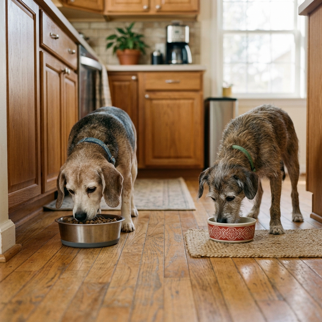 Dos perros comiendo en platos separados para evitar robos