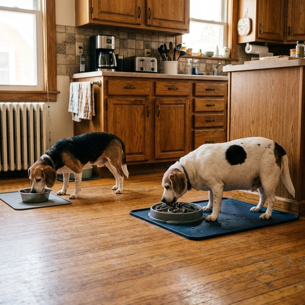 Dakota y Luna, dos Beagles senior, comiendo cada una en su propio plato separado