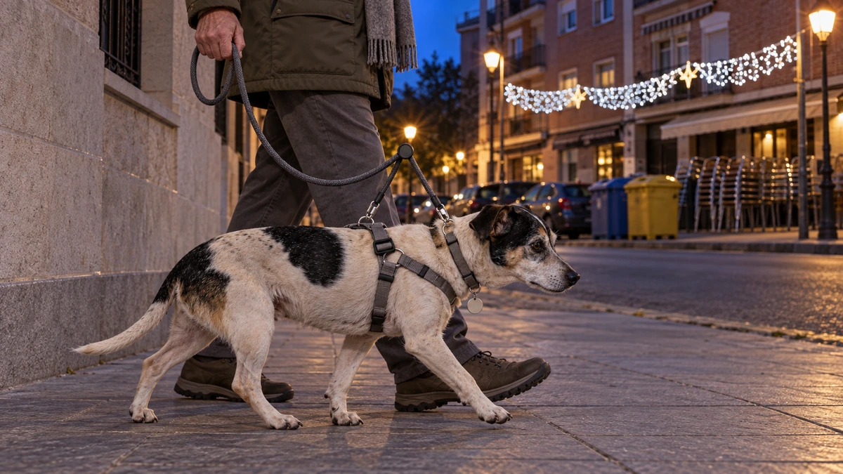 Ilustración de un hombre y una perra bodeguero andaluz senior caminando juntos por una calle al atardecer, con la correa floja sujeta al arnés y al collar con chapa.