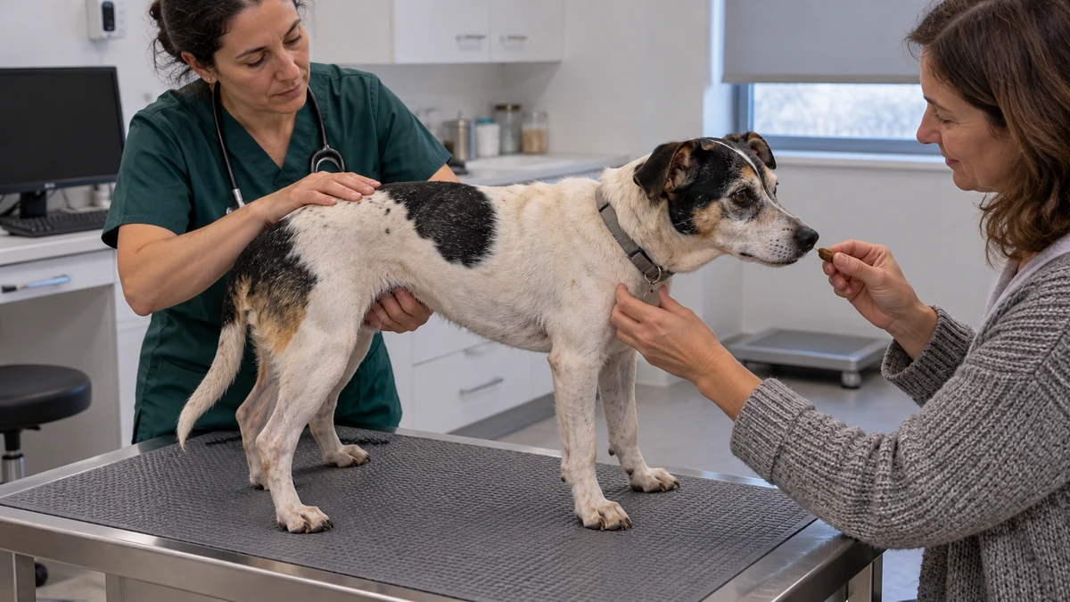 Ilustración de una veterinaria palpando con suavidad la zona lumbar de una perra bodeguero andaluz senior sobre la mesa de exploración, mientras su tutora le sujeta el pecho y le ofrece un premio.