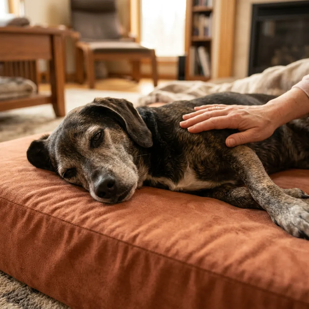 Cama ortopédica para perro senior en descanso