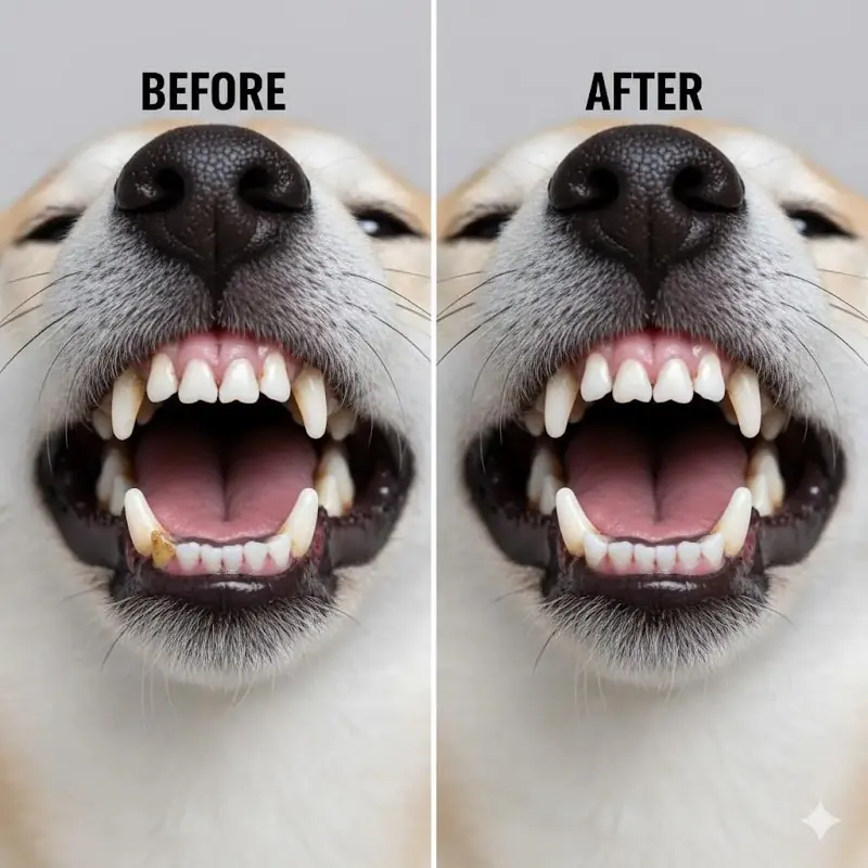 Imagen tipo antes y después: boca de perro mayor antes de limpieza con mucho sarro y después de limpieza profesional, con dientes limpios.