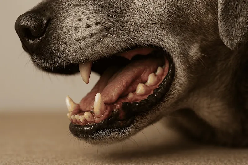 Fotografía macro de la boca de un perro sénior mostrando acumulación de sarro
