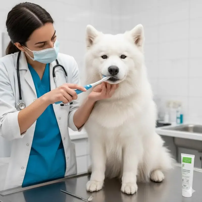 Tutor aplicando cepillado dental a un perro mayor tranquilo, en un ambiente hogareño y relajado, mostrando el uso de un cepillo adecuado.