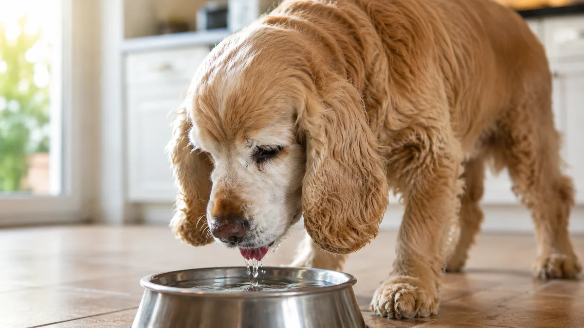 Cocker Spaniel senior bebiendo agua de un cuenco metálico en la cocina