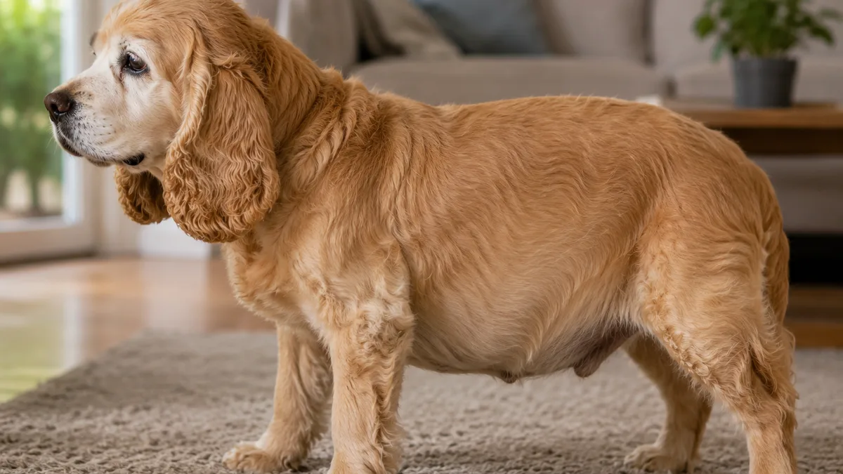 Cocker Spaniel senior con el característico abdomen péndulo del síndrome de Cushing, de pie en un salón