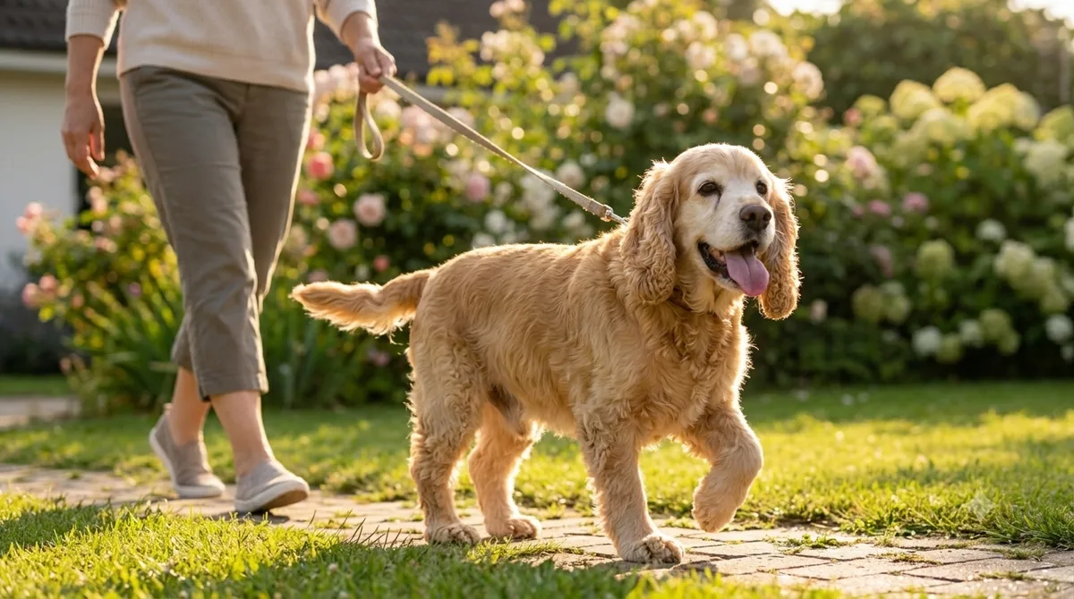 Cocker Spaniel senior caminando felizmente en un jardín soleado junto a su tutora