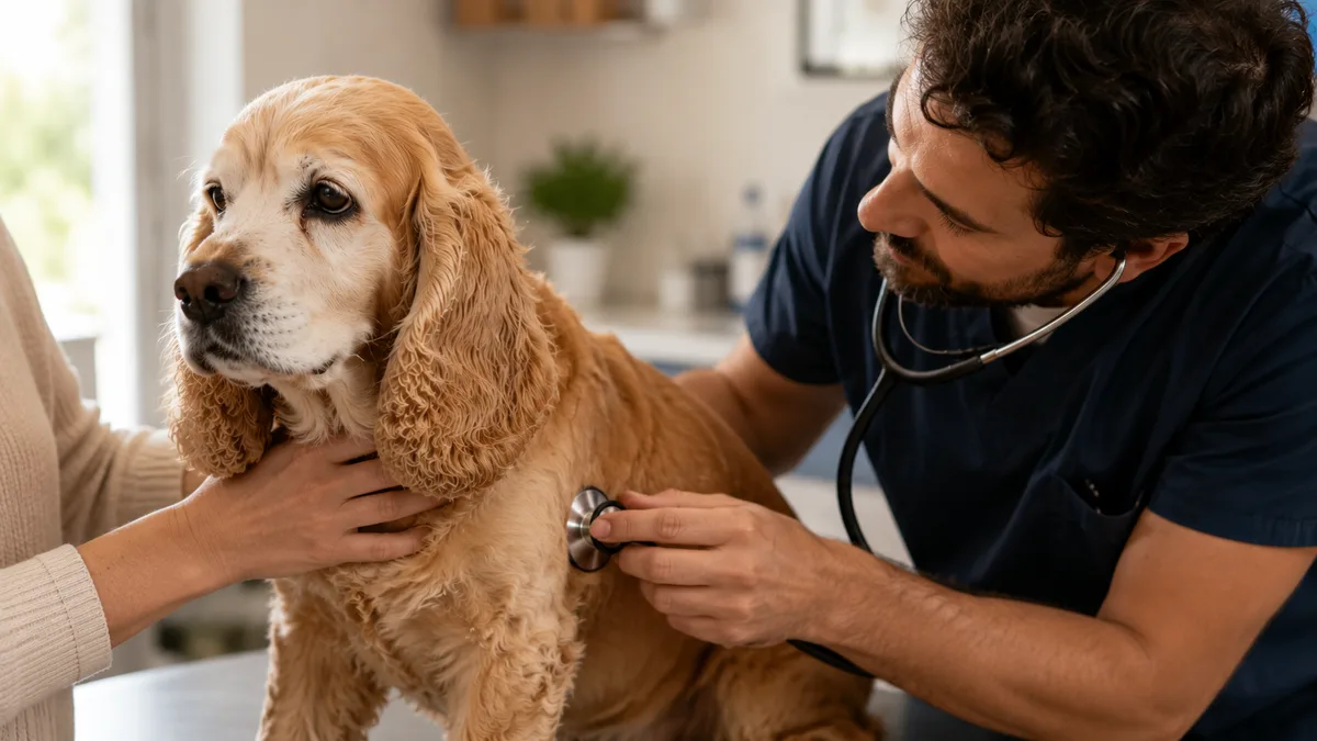 Cocker Spaniel senior en la mesa de consulta mientras el veterinario lo ausculta con estetoscopio y su tutora lo sostiene