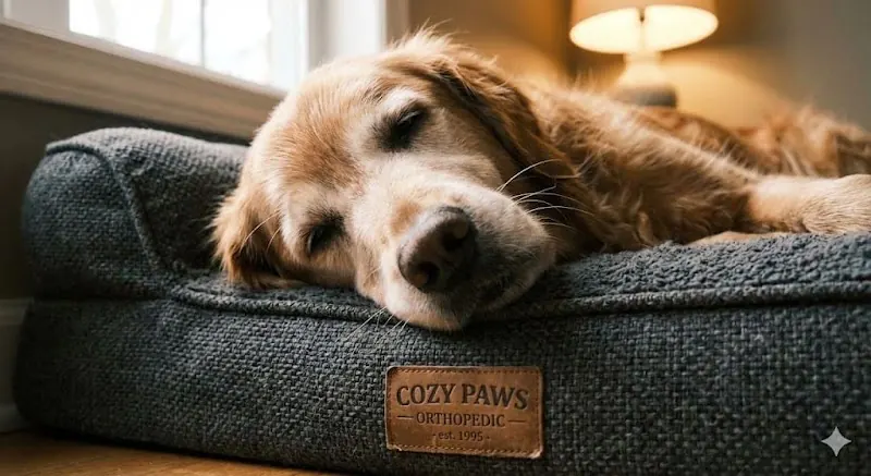 Perro Golden Retriever anciano durmiendo sobre cama ortopédica viscoelástica