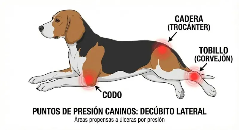 Ilustración veterinaria educativa mostrando la silueta de un perro acostado de lado, con círculos rojos brillantes destacando los puntos de presión: codo, cadera (trocánter) y tobillo (corvejón).